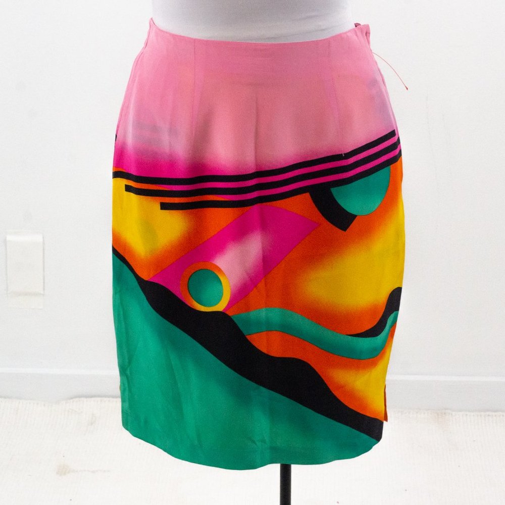 Vintage 80s M/L Silk 2-Piece Skirt Suit Set Neon - Picture 4 of 16